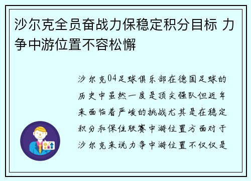 沙尔克全员奋战力保稳定积分目标 力争中游位置不容松懈 沙尔克全员奋战力保稳定积分目标 力争中游位置不容松懈