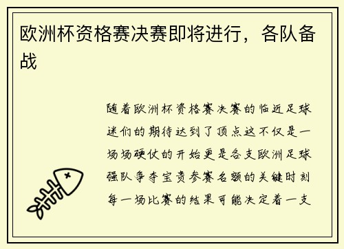 欧洲杯资格赛决赛即将进行，各队备战